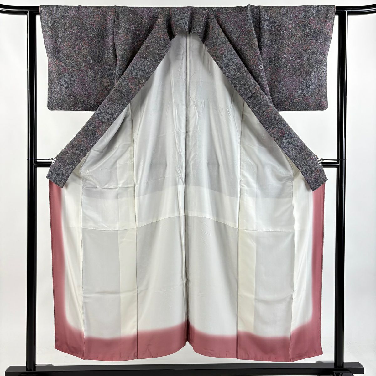 【美品】 小紋 身長151cm 袖長62cm S 雙層 寄せ柄 草花紋紋 絞織 灰紫 純蠶絲 優品級