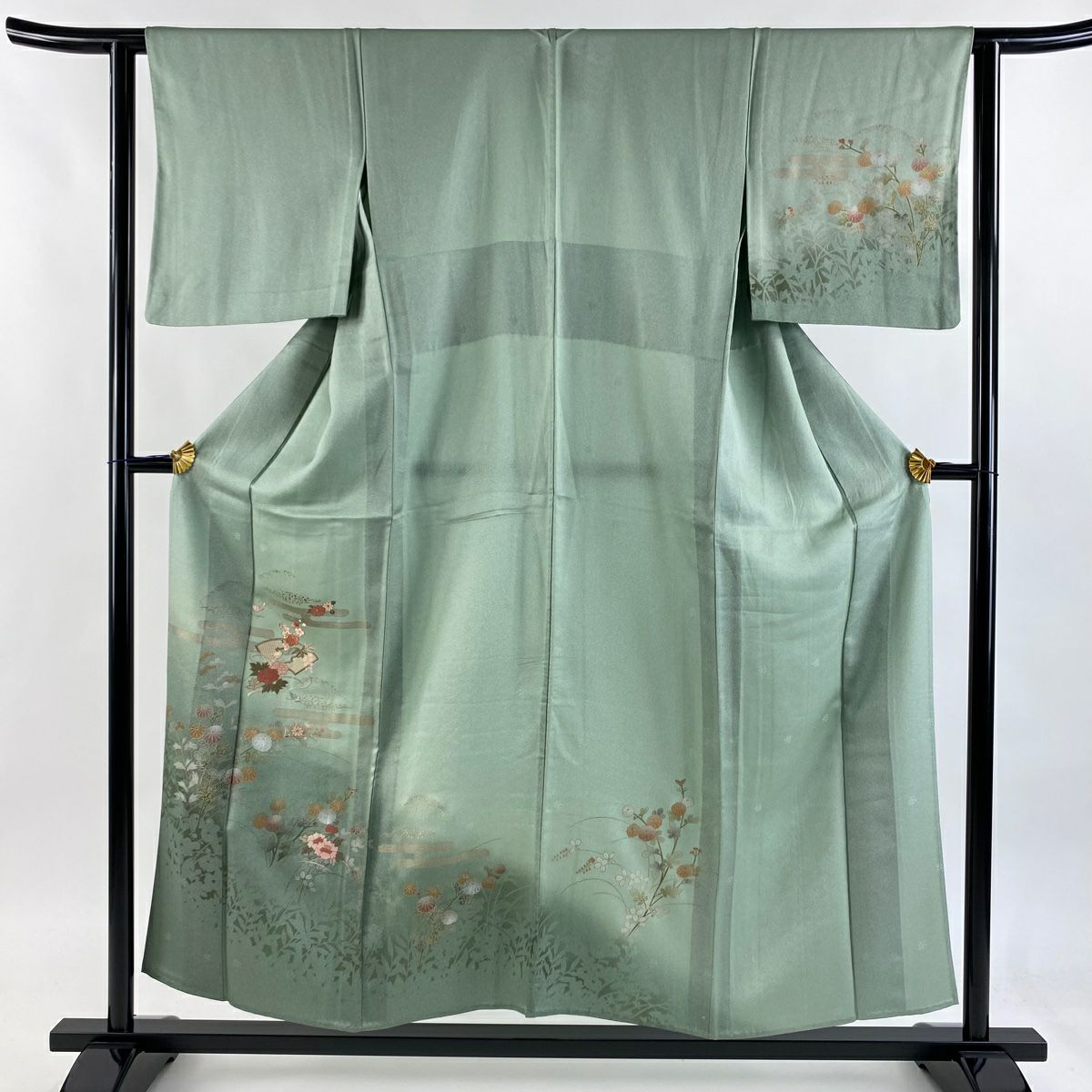 訪問服 身長154cm 袖長62cm S 單層 扇子面 菊花花 刺繡 金銀彩 淺綠 純蠶絲 優品級