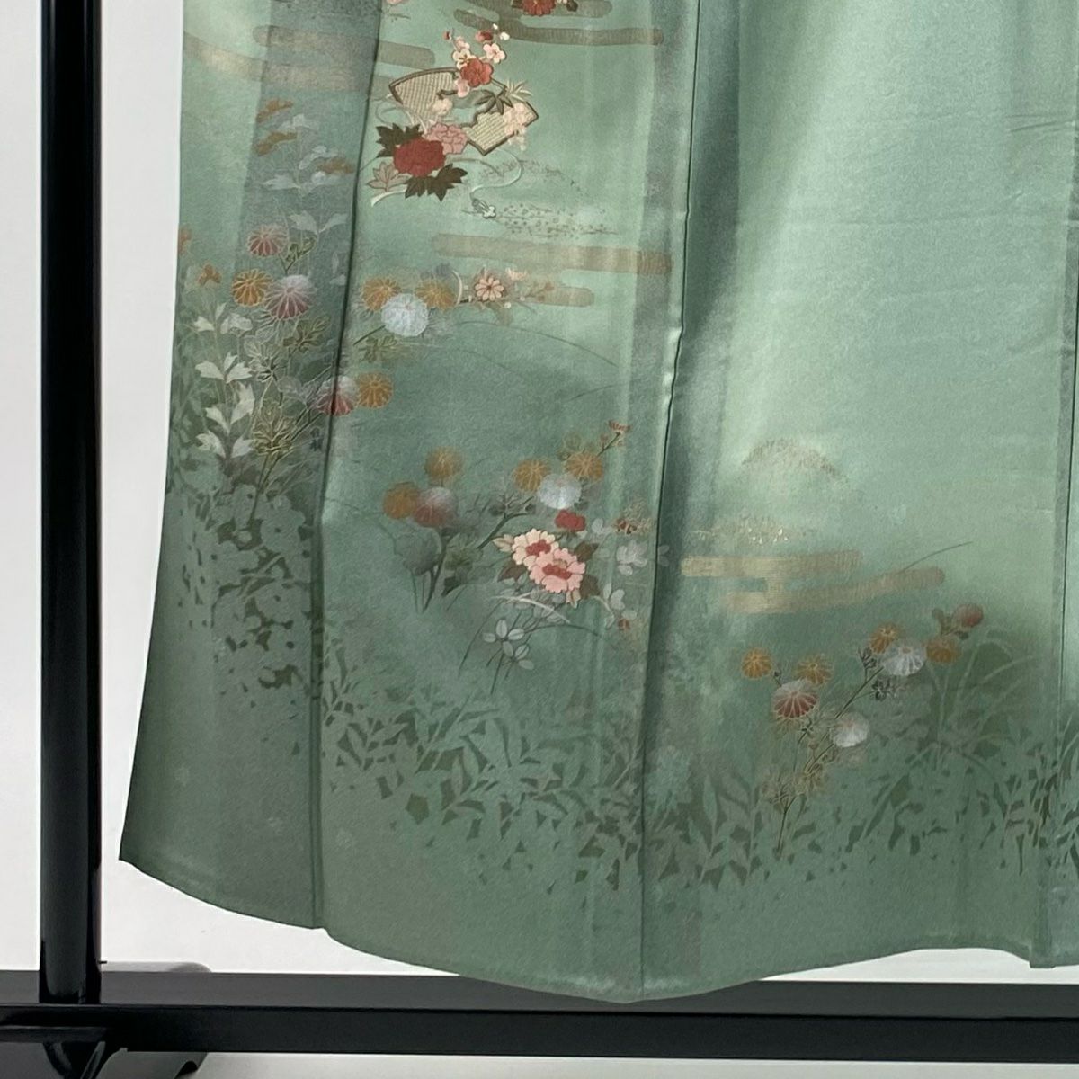 訪問服 身長154cm 袖長62cm S 單層 扇子面 菊花花 刺繡 金銀彩 淺綠 純蠶絲 優品級