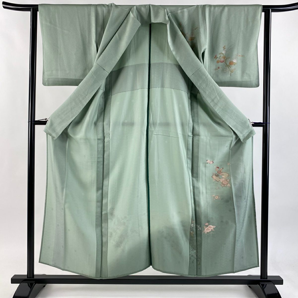 訪問服 身長154cm 袖長62cm S 單層 扇子面 菊花花 刺繡 金銀彩 淺綠 純蠶絲 優品級