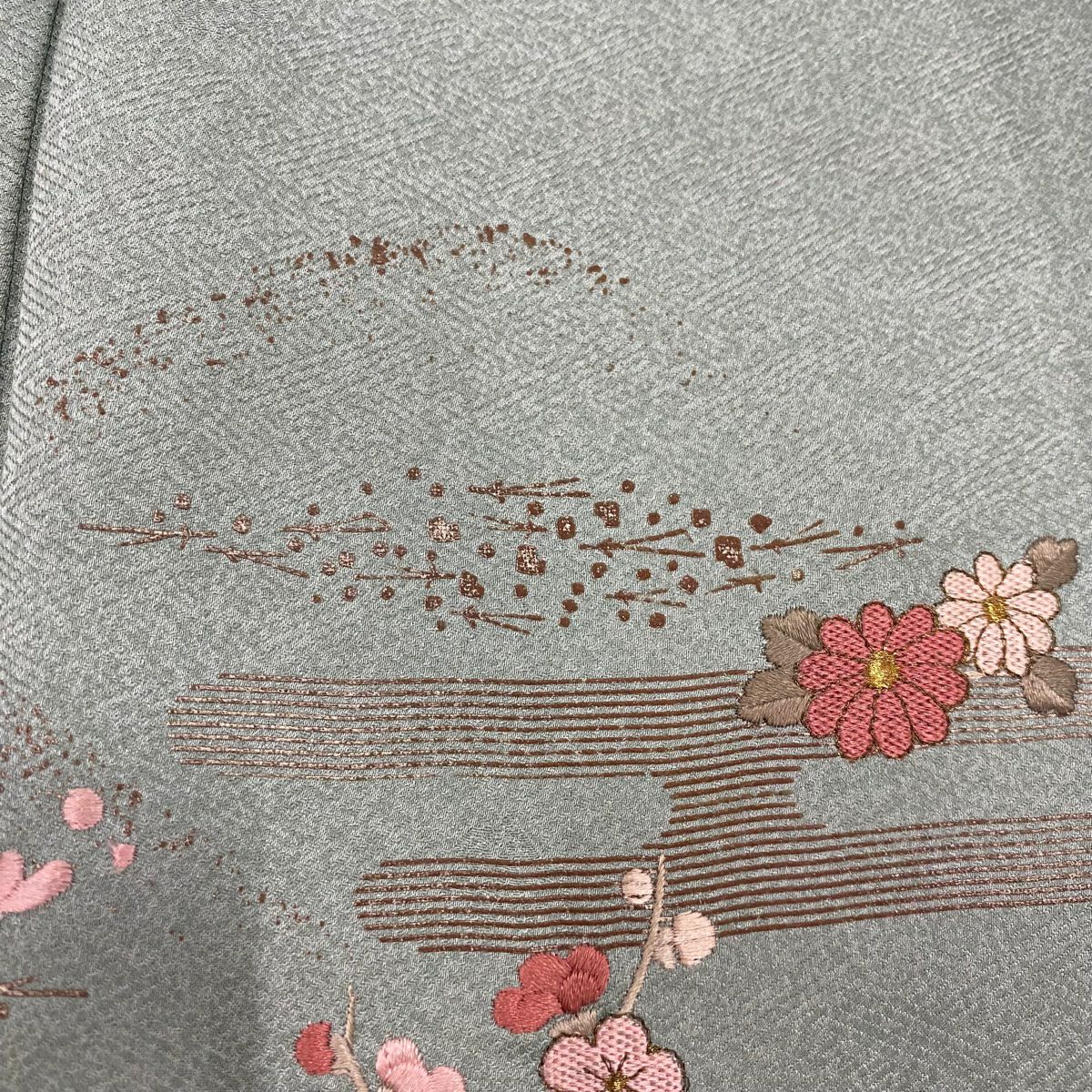 訪問服 身長154cm 袖長62cm S 單層 扇子面 菊花花 刺繡 金銀彩 淺綠 純蠶絲 優品級