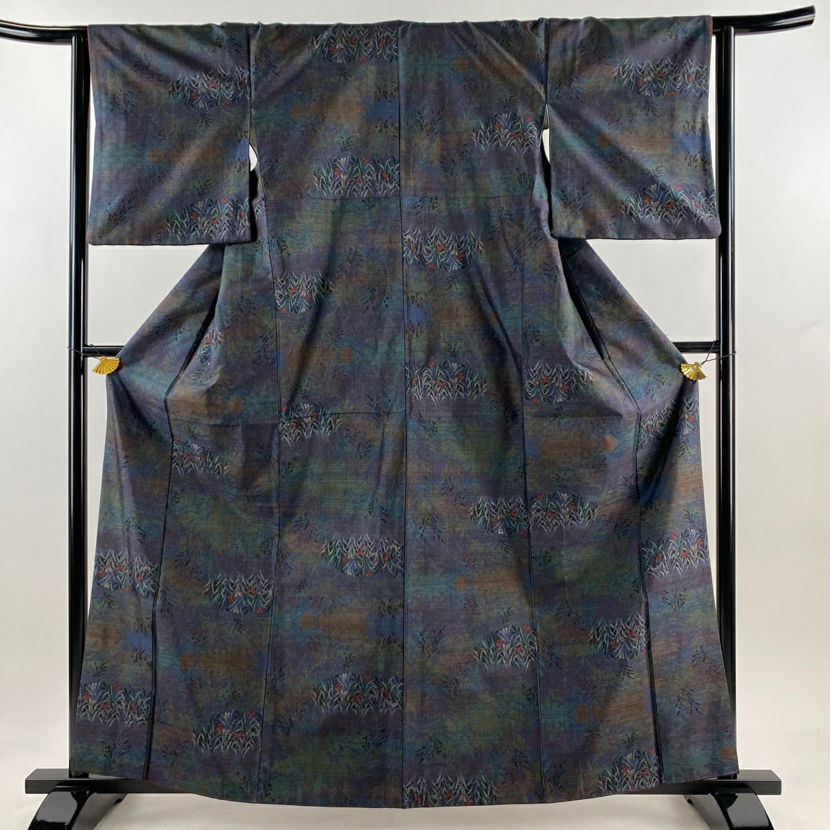紬織織 身長161.5cm 袖長63cm S 雙層 草花紋紋 葉柄 青紫 純蠶絲 秀品級