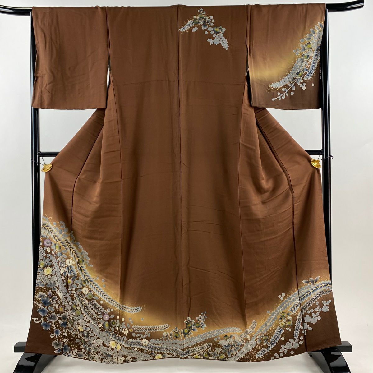 訪問服 身長161.5cm 袖長65cm M 雙層 草花紋紋 金彩裝飾 漸層 茶 純蠶絲 優品級