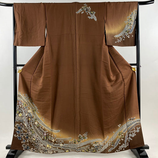 訪問服 身長161.5cm 袖長65cm M 雙層 草花紋紋 金彩裝飾 漸層 茶 純蠶絲 優品級