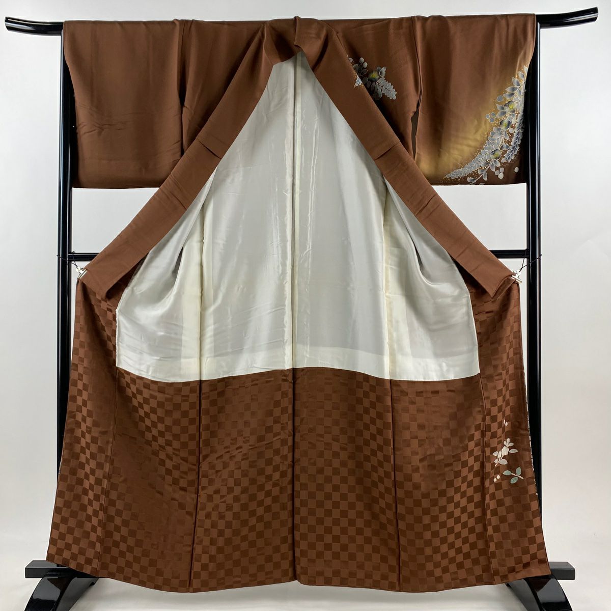 訪問服 身長161.5cm 袖長65cm M 雙層 草花紋紋 金彩裝飾 漸層 茶 純蠶絲 優品級
