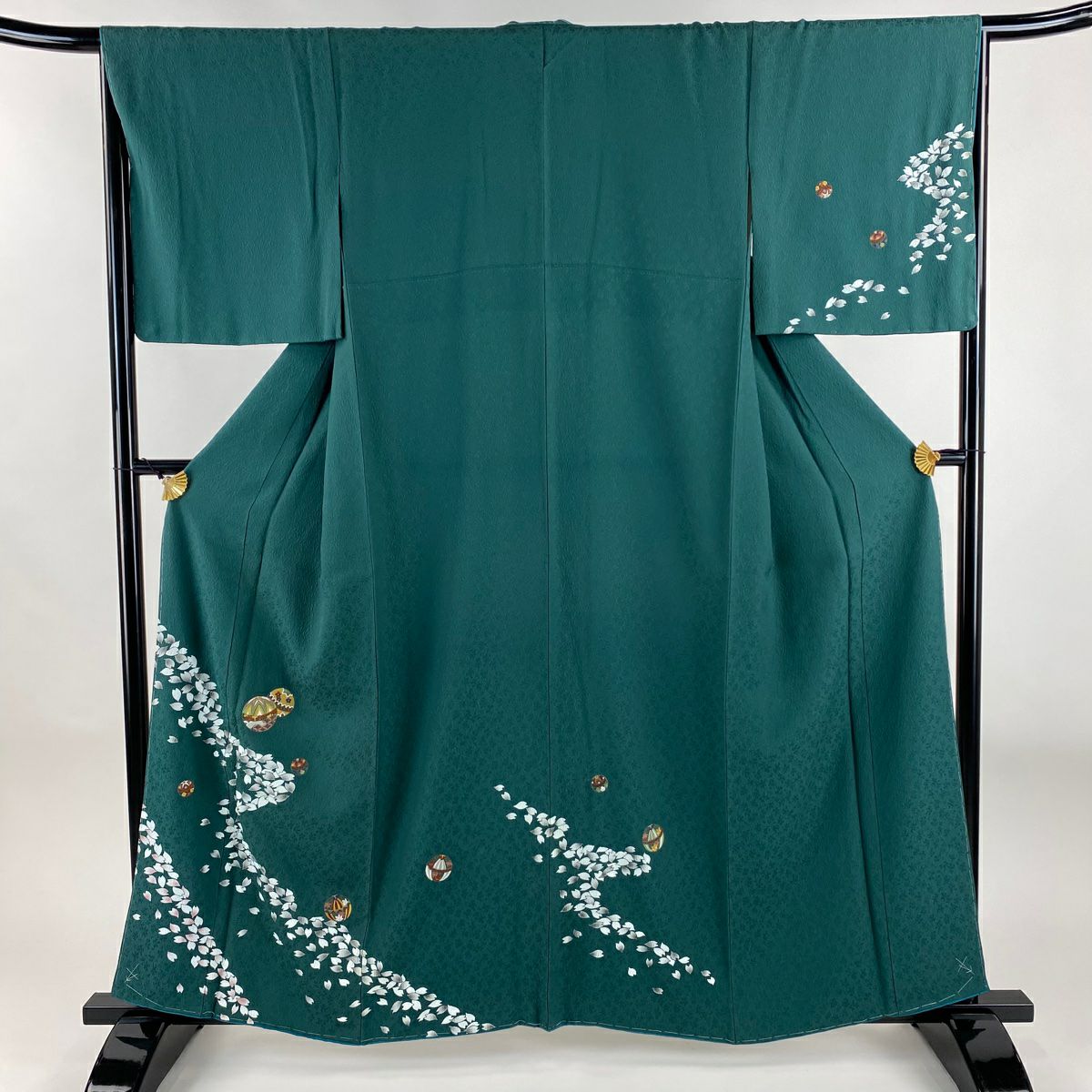 付下 身長159cm 袖長66cm M 雙層 手毬 櫻花花瓣 刺繡 金線 綠 純蠶絲 優品級