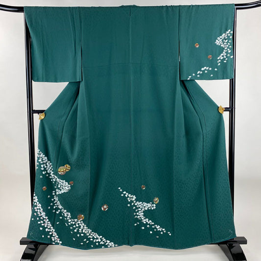 付下 身長159cm 袖長66cm M 雙層 手毬 櫻花花瓣 刺繡 金線 綠 純蠶絲 優品級