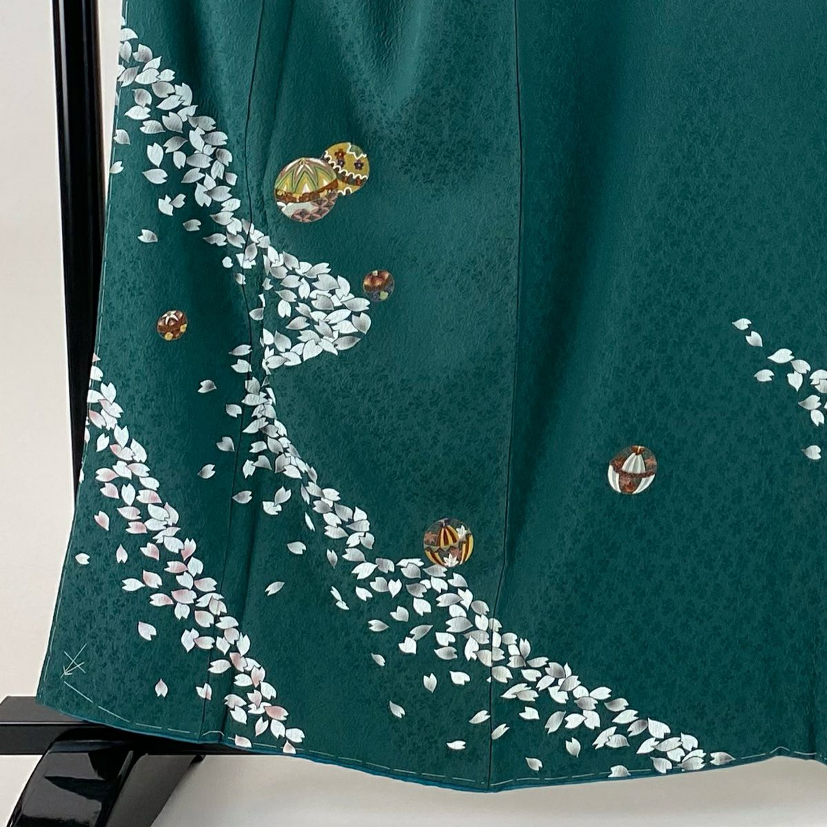 付下 身長159cm 袖長66cm M 雙層 手毬 櫻花花瓣 刺繡 金線 綠 純蠶絲 優品級