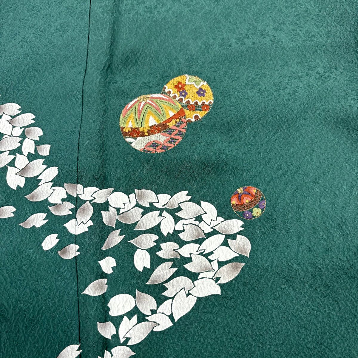 付下 身長159cm 袖長66cm M 雙層 手毬 櫻花花瓣 刺繡 金線 綠 純蠶絲 優品級