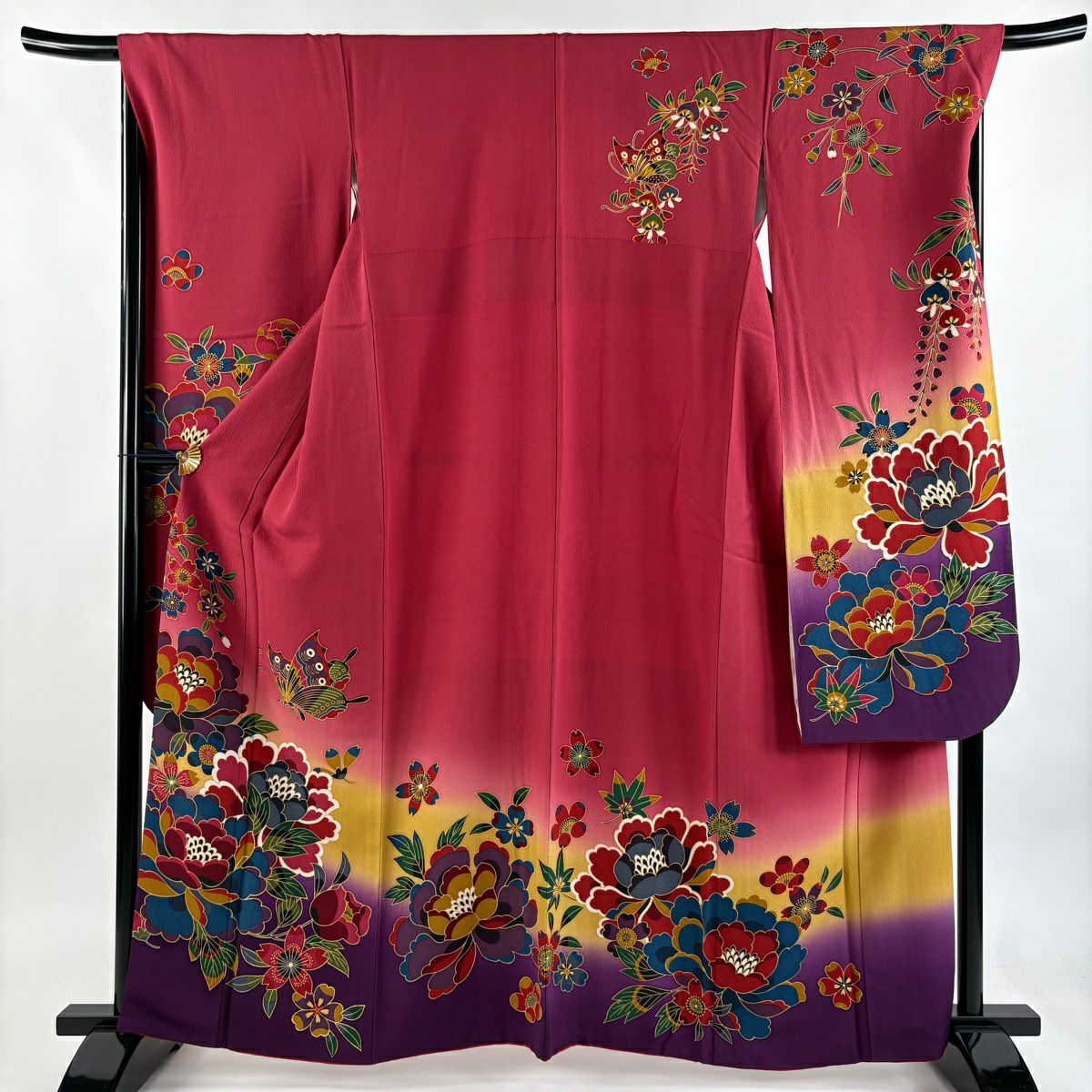 【美品】振袖禮服 身長162cm 袖長68.5cm L 雙層 草花紋紋 蝶圖案 漸層 深粉紅 純蠶絲 名品級