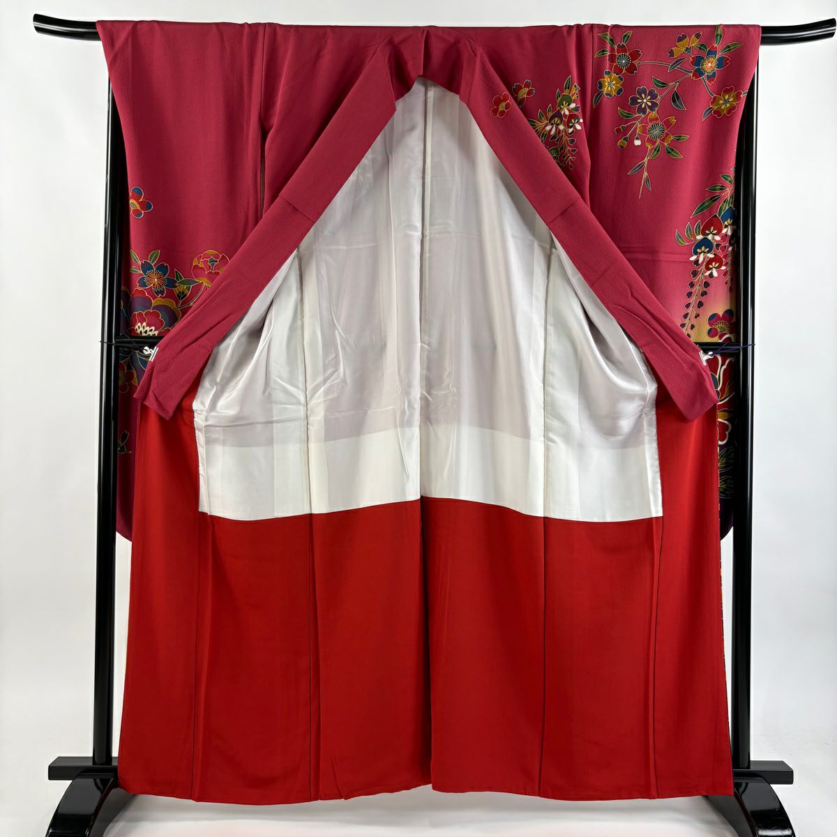 【美品】振袖禮服 身長162cm 袖長68.5cm L 雙層 草花紋紋 蝶圖案 漸層 深粉紅 純蠶絲 名品級