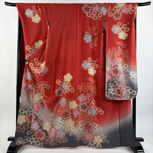 振袖禮服 身長166cm 袖長70cm L 雙層 櫻花 金銀彩 茜 純蠶絲 名品級