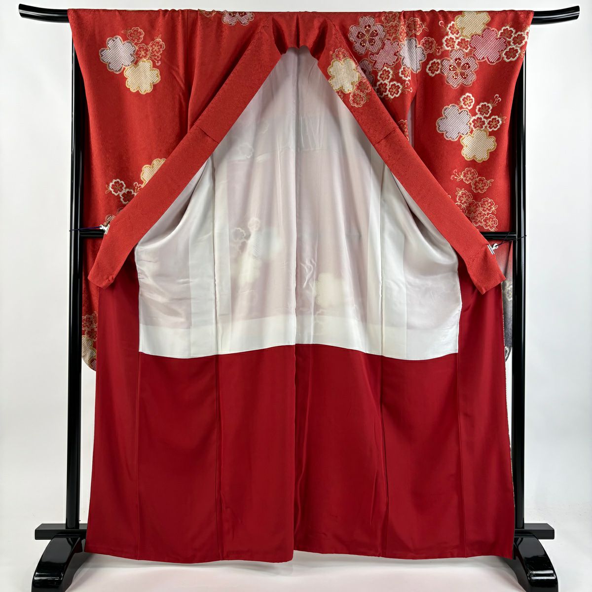 振袖禮服 身長166cm 袖長70cm L 雙層 櫻花 金銀彩 茜 純蠶絲 名品級