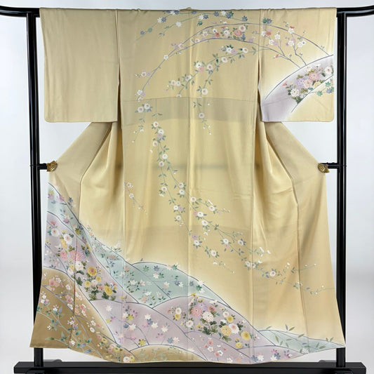 訪問服 身長153cm 袖長63cm S 雙層 菊花 枝梅花 漸層 薄茶 純蠶絲 名品級