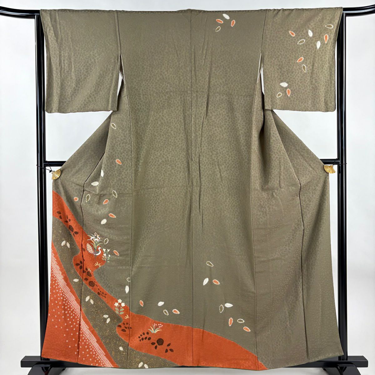 訪問服 身長156cm 袖長62cm S 雙層 孔雀 草花紋紋 金彩裝飾 絞染 茶綠 純蠶絲 名品級