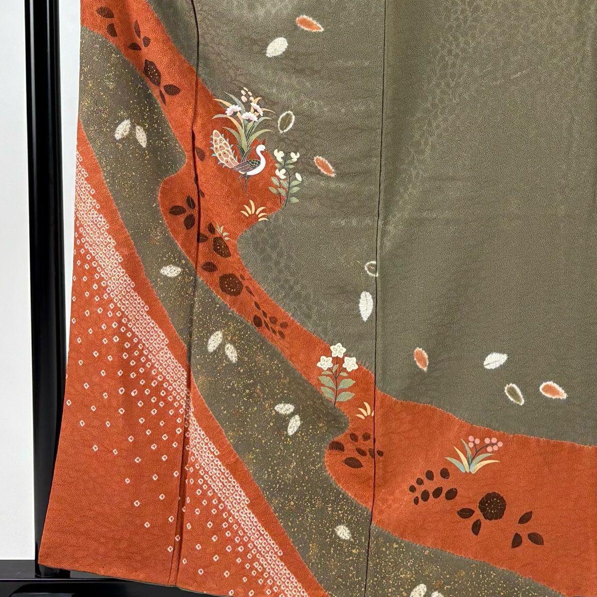 訪問服 身長156cm 袖長62cm S 雙層 孔雀 草花紋紋 金彩裝飾 絞染 茶綠 純蠶絲 名品級