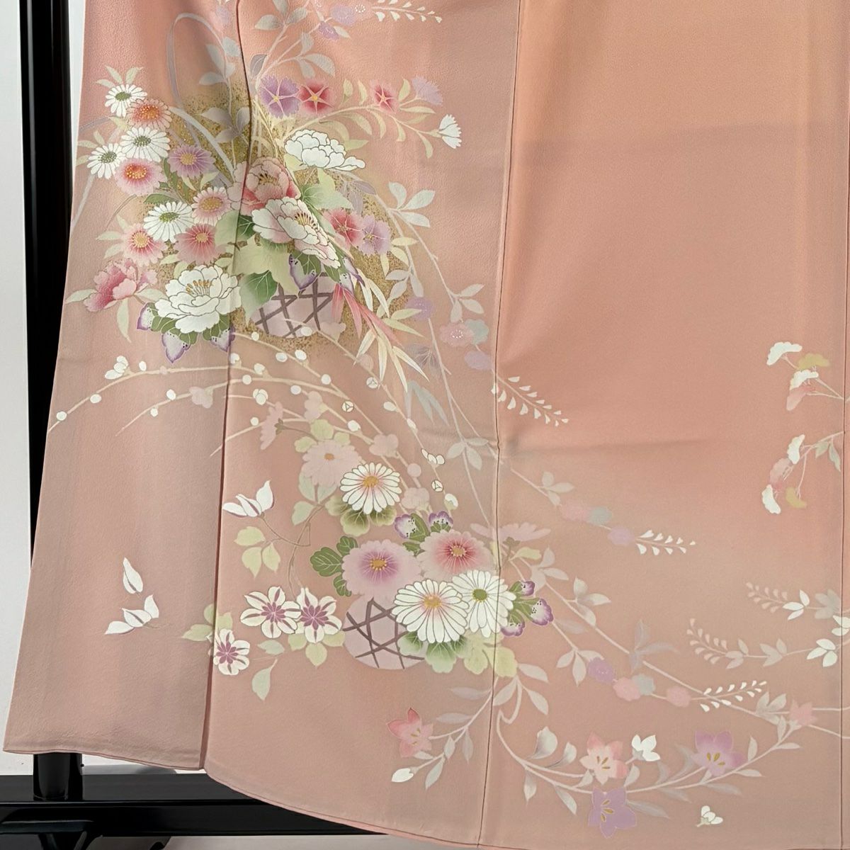 訪問服 身長159cm 袖長63cm S 雙層 花籠 菊花 金銀彩 粉紅 純蠶絲 名品級