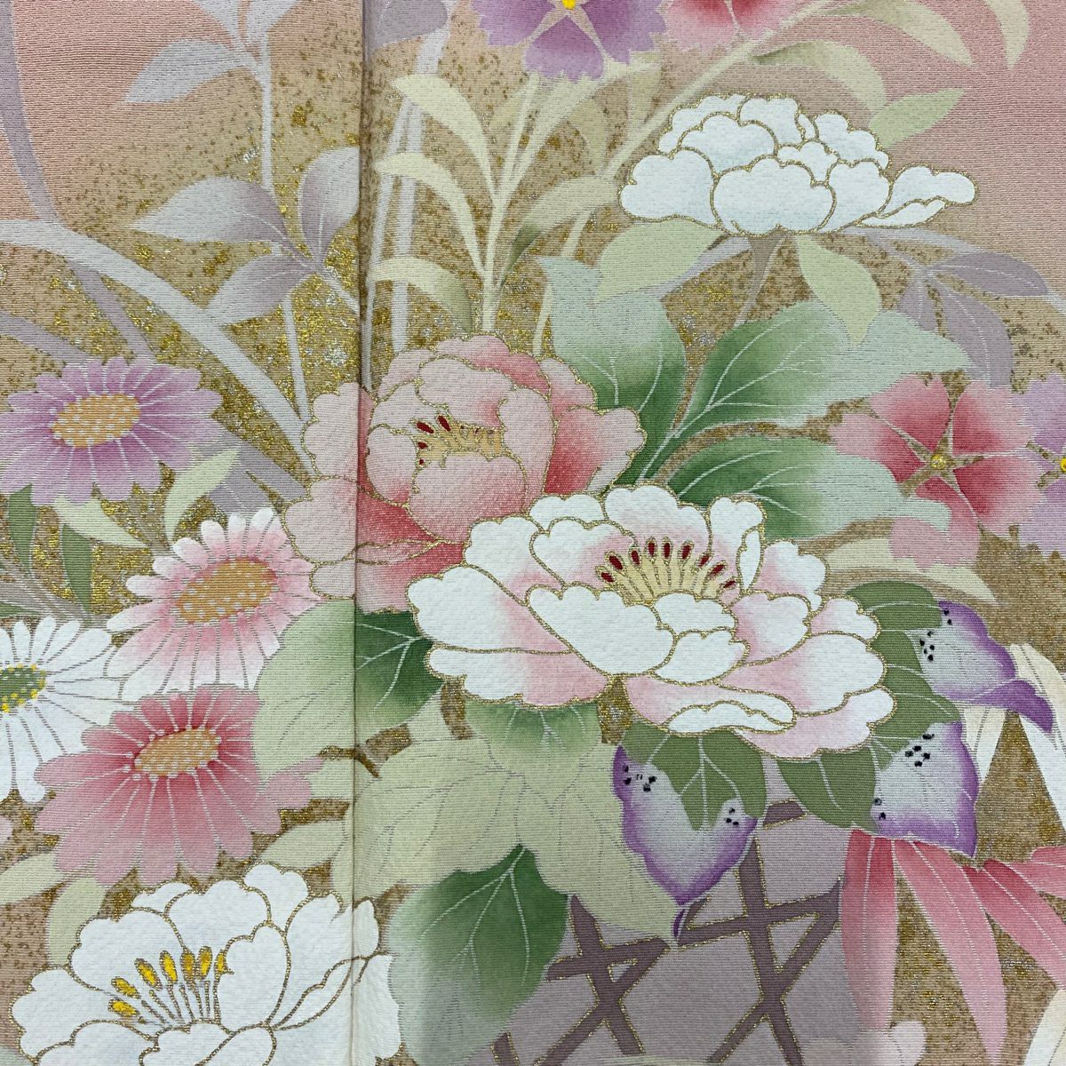 訪問服 身長159cm 袖長63cm S 雙層 花籠 菊花 金銀彩 粉紅 純蠶絲 名品級