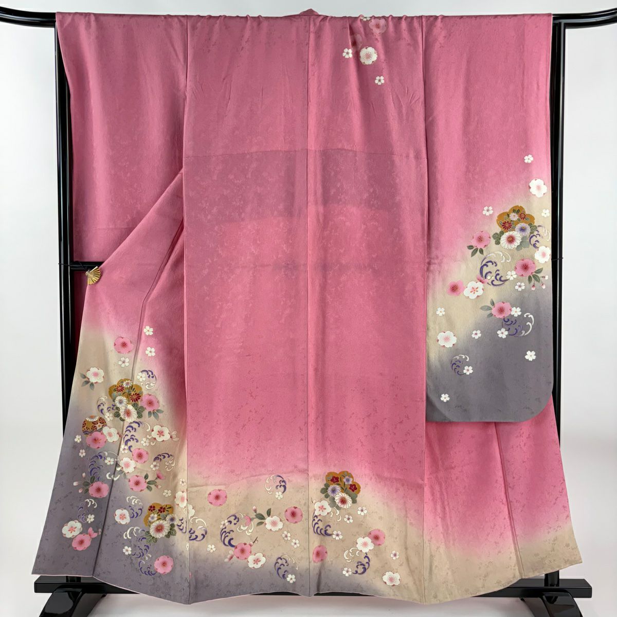 【美品】振袖禮服 身長157cm 袖長67.5cm L 雙層 鈴乃屋 櫻 手毬 金銀彩 漸層 粉紅 純蠶絲 名品級