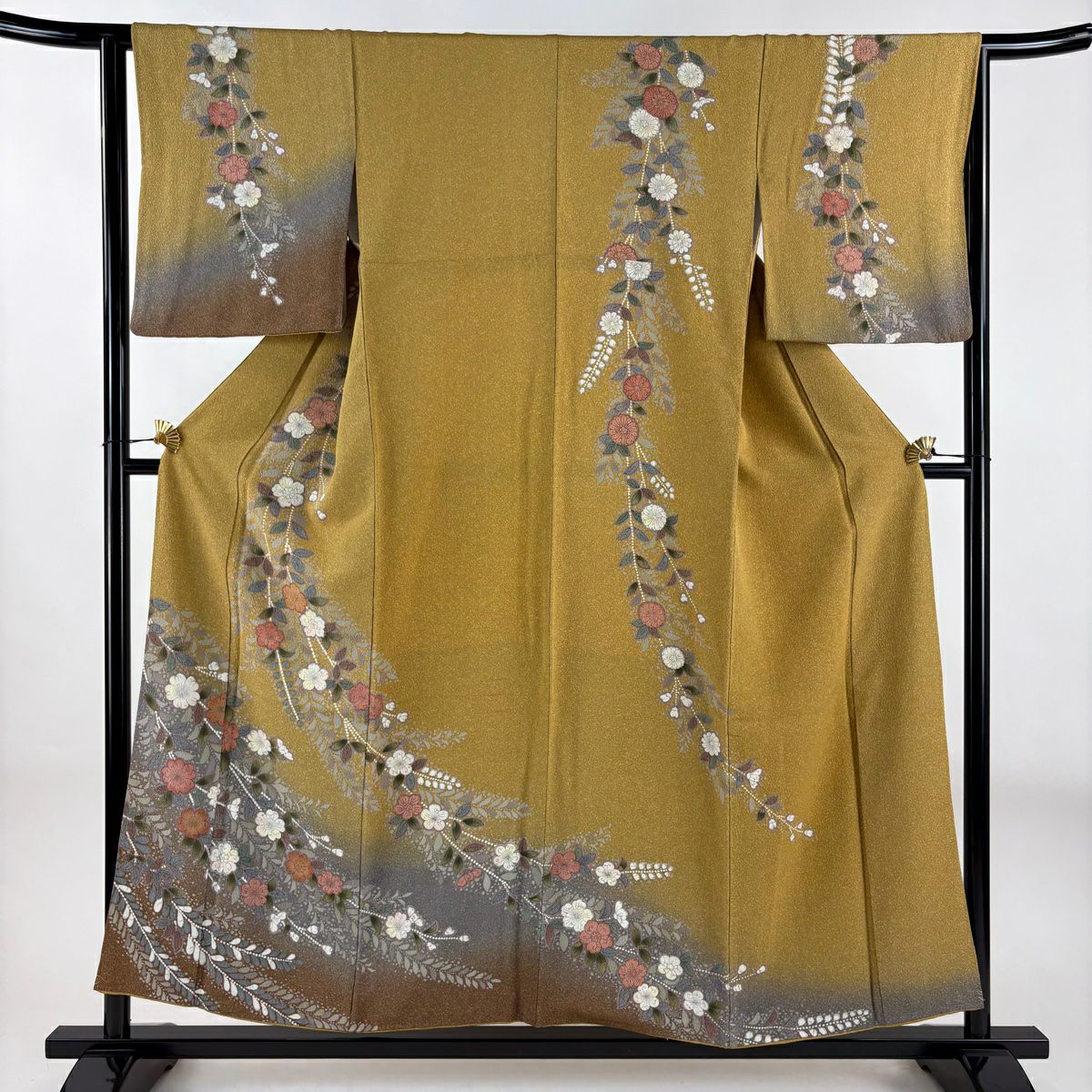 訪問服 身長154.5cm 袖長64cm M 雙層 辻花染 金銀彩 染分 山吹茶 純蠶絲 名品級