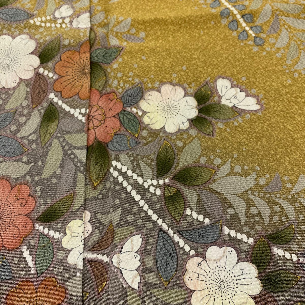 訪問服 身長154.5cm 袖長64cm M 雙層 辻花染 金銀彩 染分 山吹茶 純蠶絲 名品級