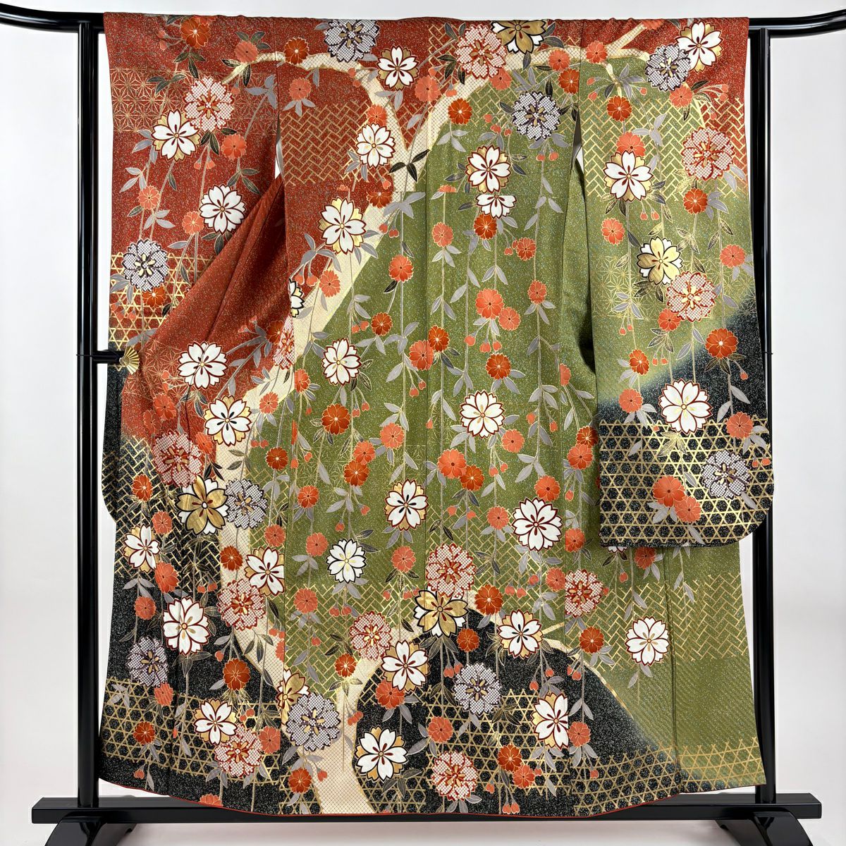 振袖禮服 身長156cm 袖長62cm S 雙層 櫻花 桧垣紋 金銀彩 染分 紅茶 純蠶絲 名品級