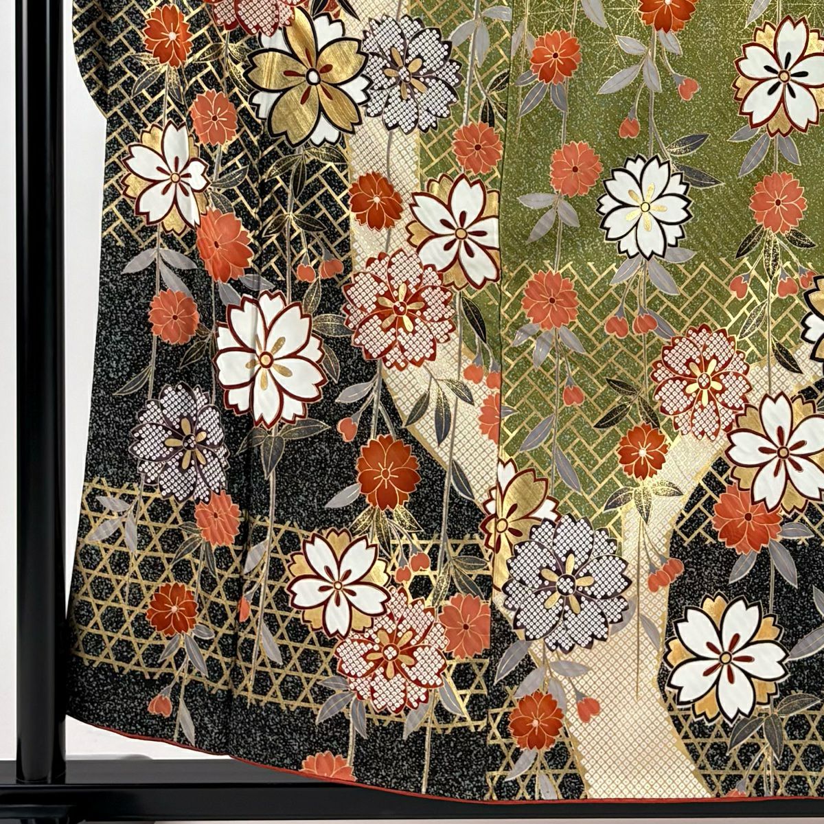 振袖禮服 身長156cm 袖長62cm S 雙層 櫻花 桧垣紋 金銀彩 染分 紅茶 純蠶絲 名品級
