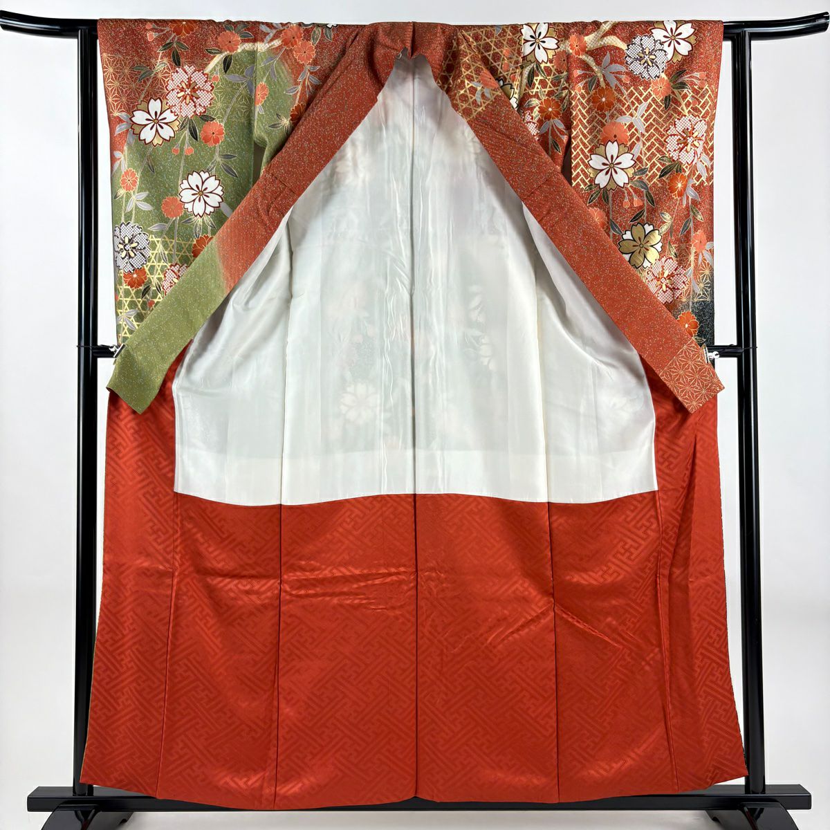 振袖禮服 身長156cm 袖長62cm S 雙層 櫻花 桧垣紋 金銀彩 染分 紅茶 純蠶絲 名品級