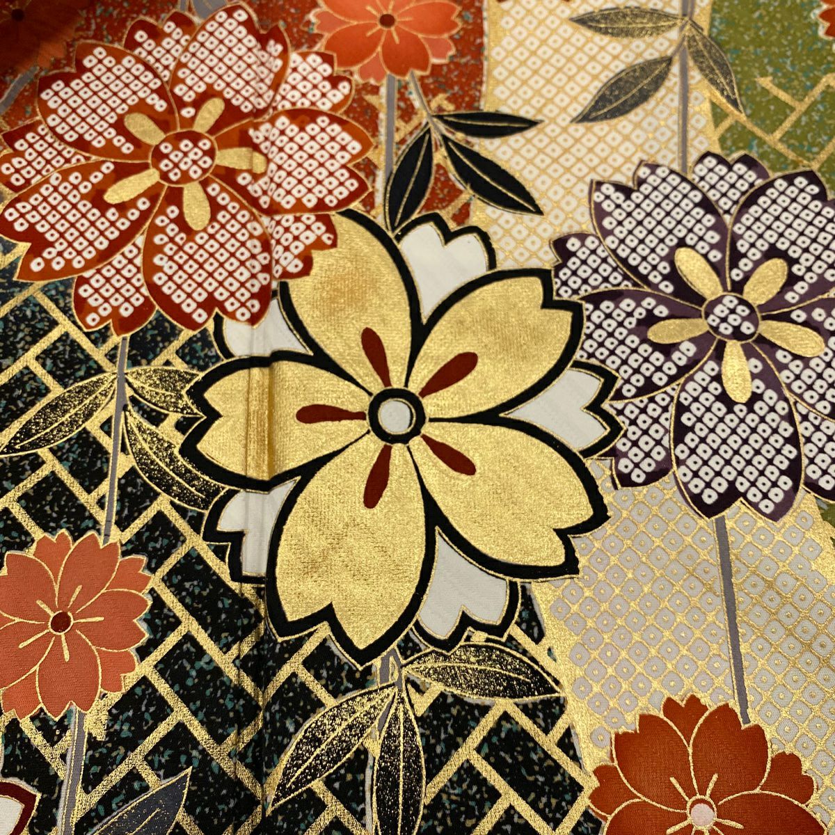 振袖禮服 身長156cm 袖長62cm S 雙層 櫻花 桧垣紋 金銀彩 染分 紅茶 純蠶絲 名品級