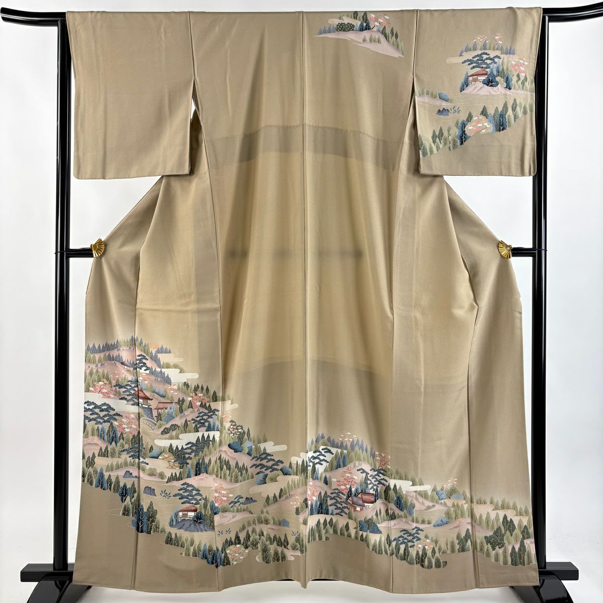 訪問服 身長159.5cm 袖長65.5cm M 雙層 樹木 建物 漸層 薄茶 純蠶絲 秀品級