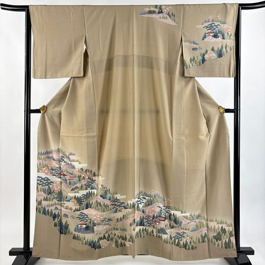 訪問服 身長159.5cm 袖長65.5cm M 雙層 樹木 建物 漸層 薄茶 純蠶絲 秀品級