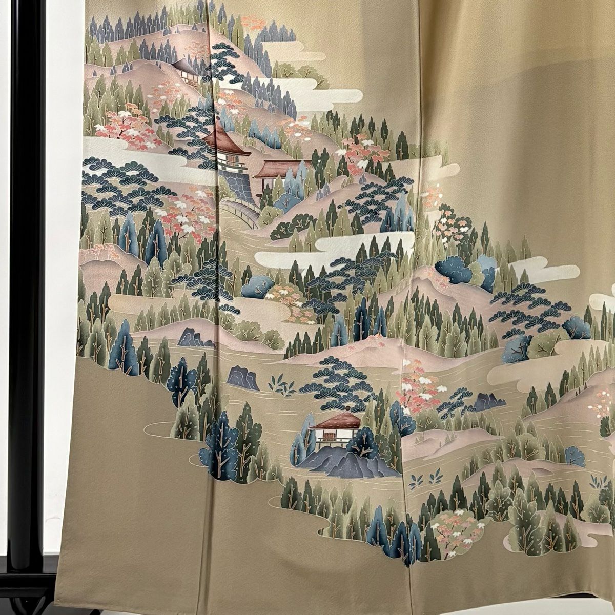 訪問服 身長159.5cm 袖長65.5cm M 雙層 樹木 建物 漸層 薄茶 純蠶絲 秀品級