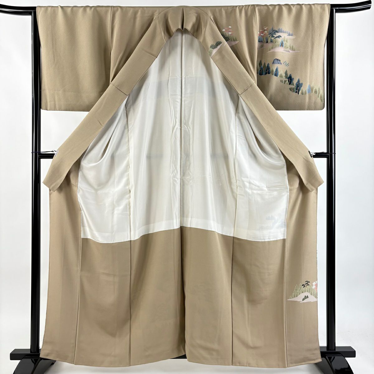訪問服 身長159.5cm 袖長65.5cm M 雙層 樹木 建物 漸層 薄茶 純蠶絲 秀品級