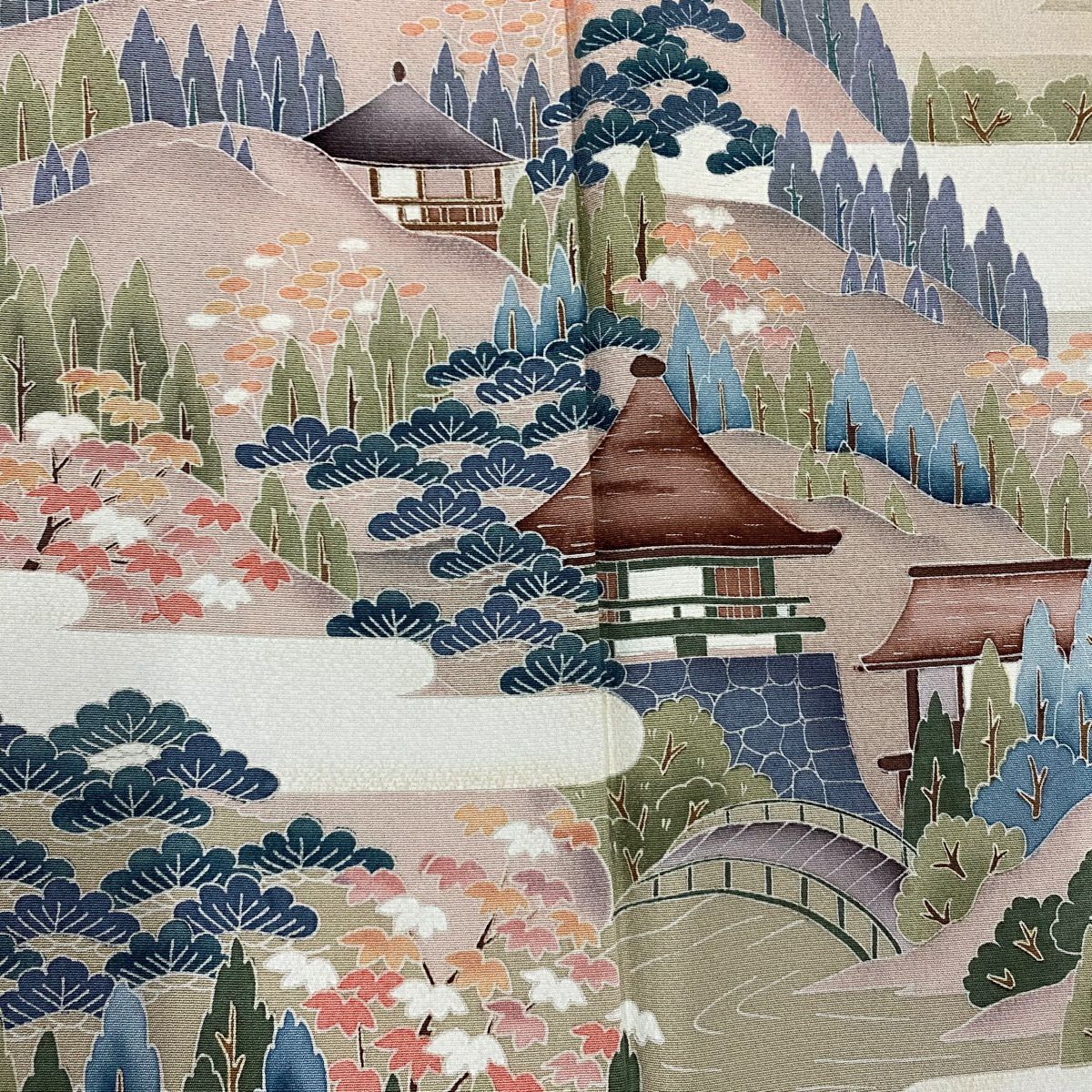 訪問服 身長159.5cm 袖長65.5cm M 雙層 樹木 建物 漸層 薄茶 純蠶絲 秀品級
