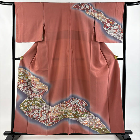 訪問服 身長159cm 袖長63.5cm S 雙層 草花紋紋 霞 漸層 絞染 鮭粉色 純蠶絲 優品級