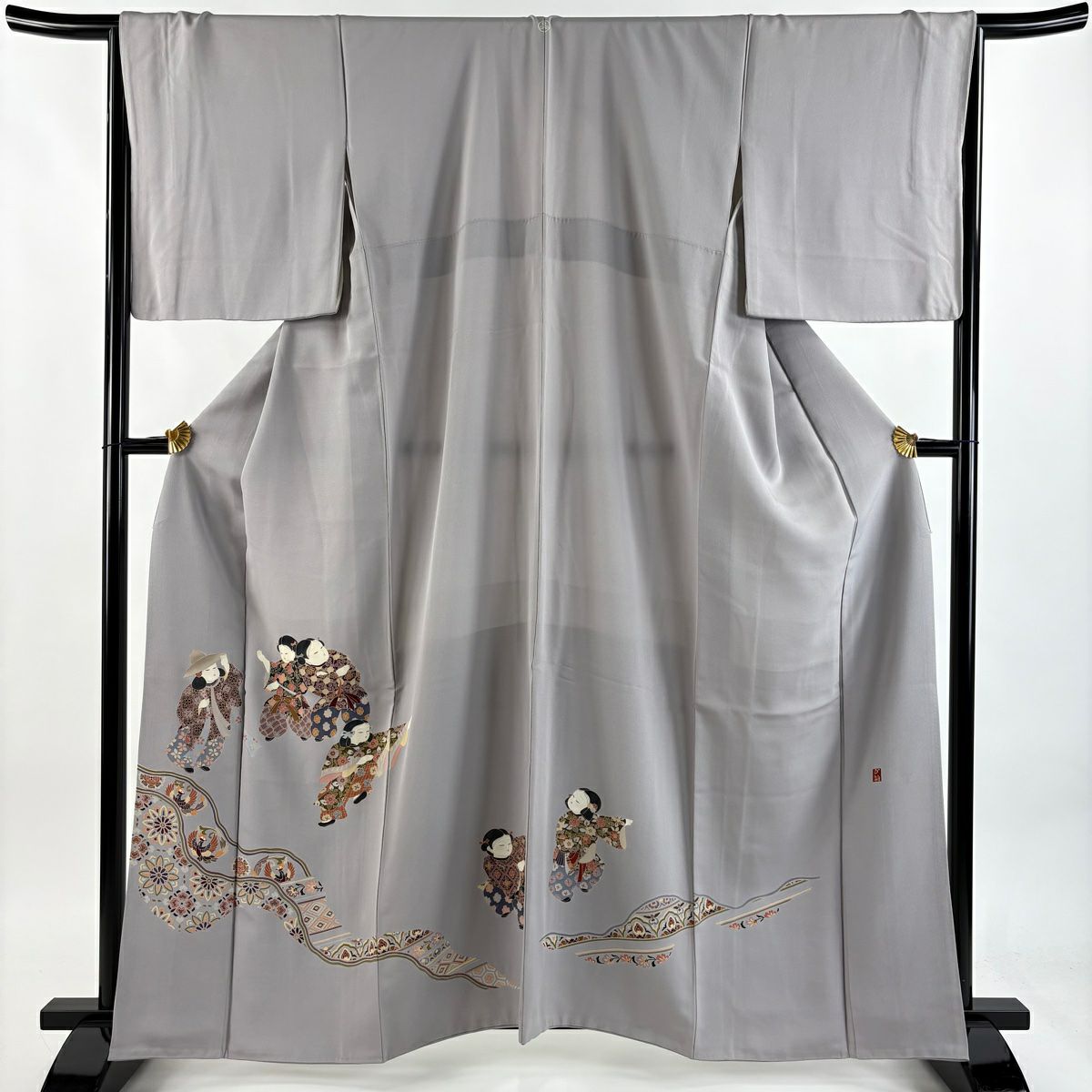 色留袖禮服 身長162.5cm 袖長65.5cm M 雙層 落款有 童 花鳥 灰紫 純蠶絲 秀品級 一つ紋