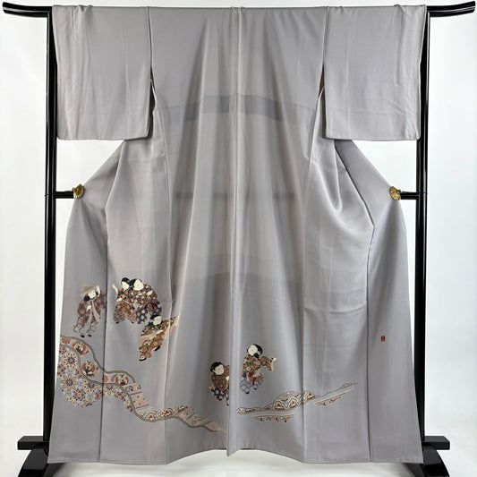 色留袖禮服 身長162.5cm 袖長65.5cm M 雙層 落款有 童 花鳥 灰紫 純蠶絲 秀品級 一つ紋