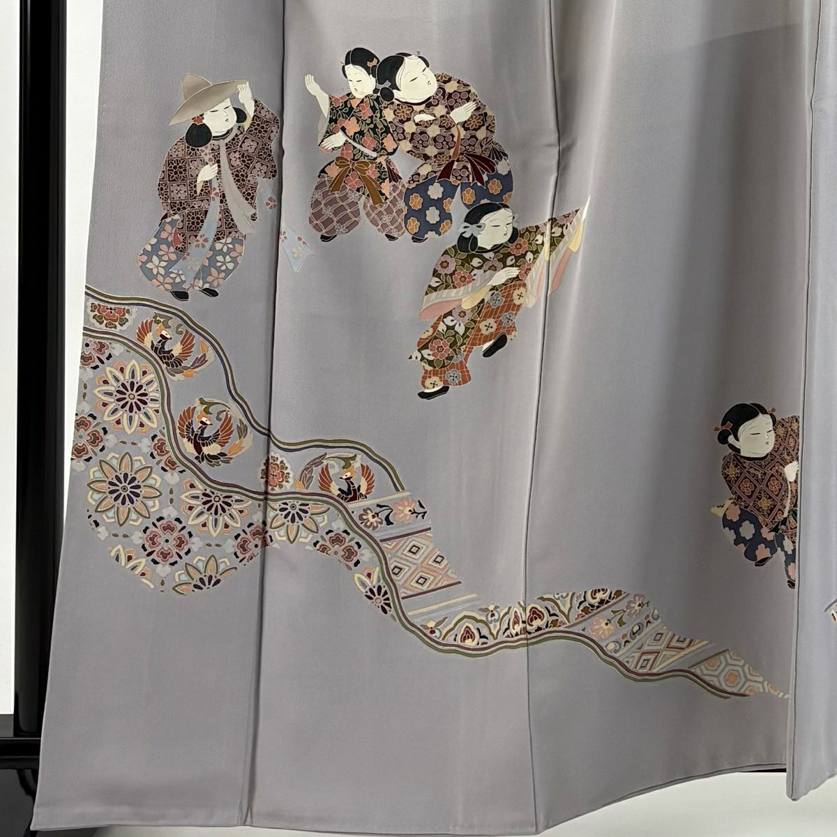 色留袖禮服 身長162.5cm 袖長65.5cm M 雙層 落款有 童 花鳥 灰紫 純蠶絲 秀品級 一つ紋