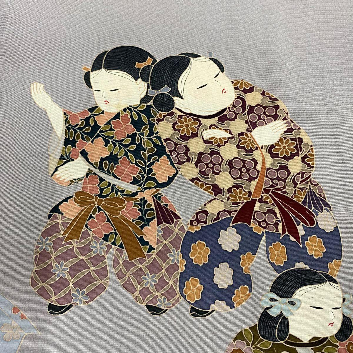 色留袖禮服 身長162.5cm 袖長65.5cm M 雙層 落款有 童 花鳥 灰紫 純蠶絲 秀品級 一つ紋