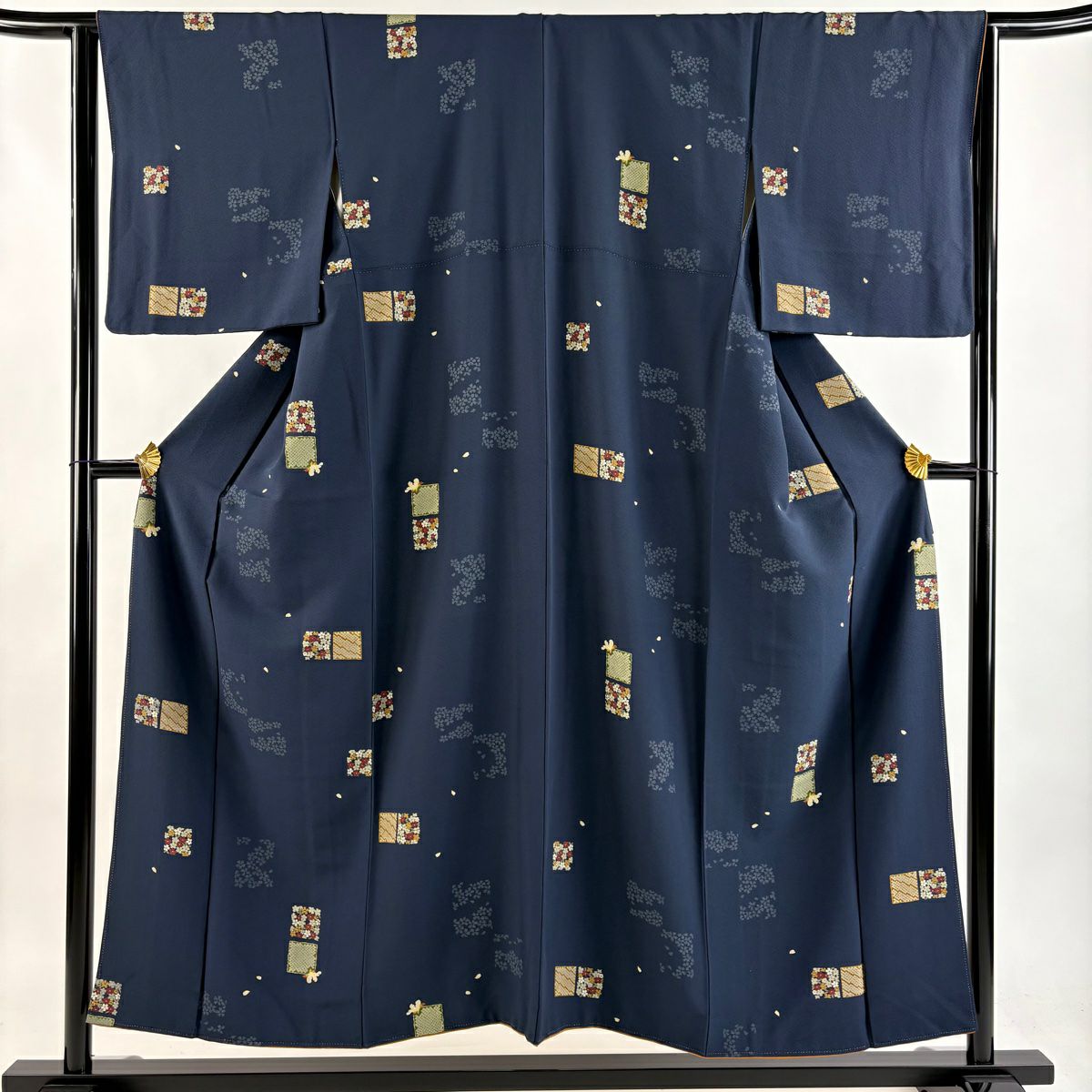 小紋 身長153.5cm 袖長63.5cm S 雙層 櫻花色紙 金銀彩 深藍 純蠶絲 秀品級