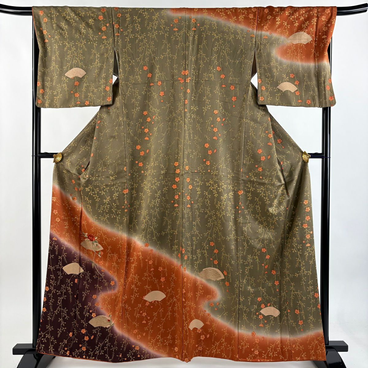 訪問服 身長161.5cm 袖長67cm M 雙層 扇子面 梅花 金銀彩 刺繡 茶綠 純蠶絲 秀品級