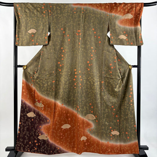 訪問服 身長161.5cm 袖長67cm M 雙層 扇子面 梅花 金銀彩 刺繡 茶綠 純蠶絲 秀品級