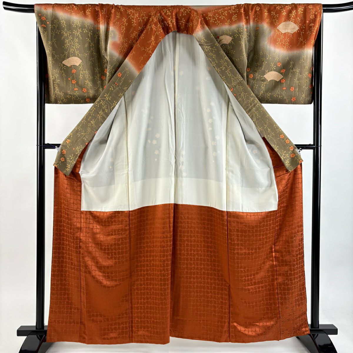 訪問服 身長161.5cm 袖長67cm M 雙層 扇子面 梅花 金銀彩 刺繡 茶綠 純蠶絲 秀品級