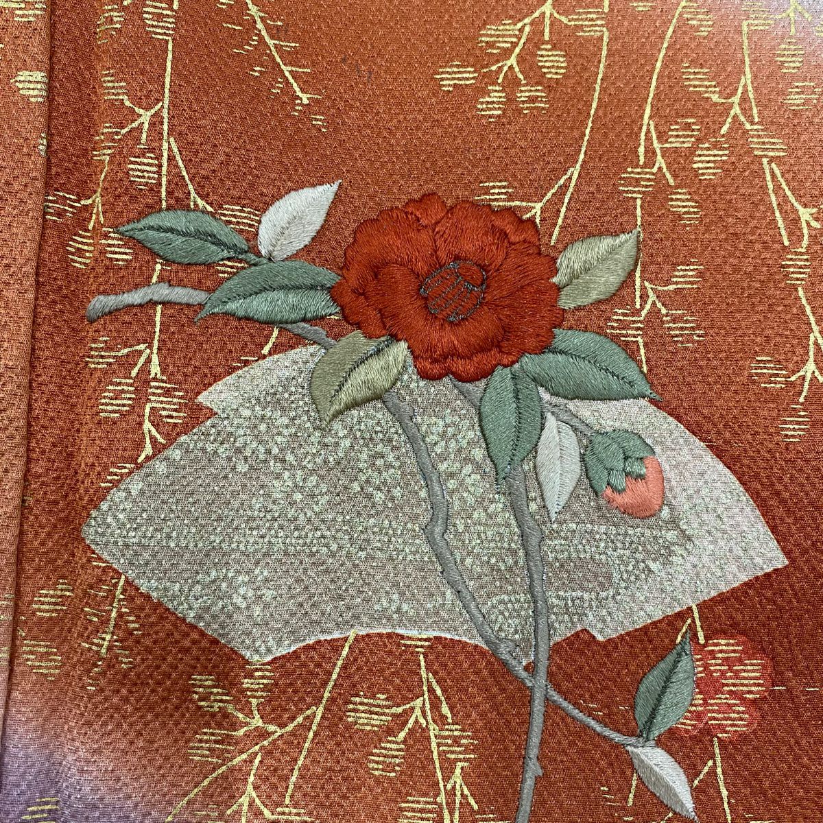 訪問服 身長161.5cm 袖長67cm M 雙層 扇子面 梅花 金銀彩 刺繡 茶綠 純蠶絲 秀品級