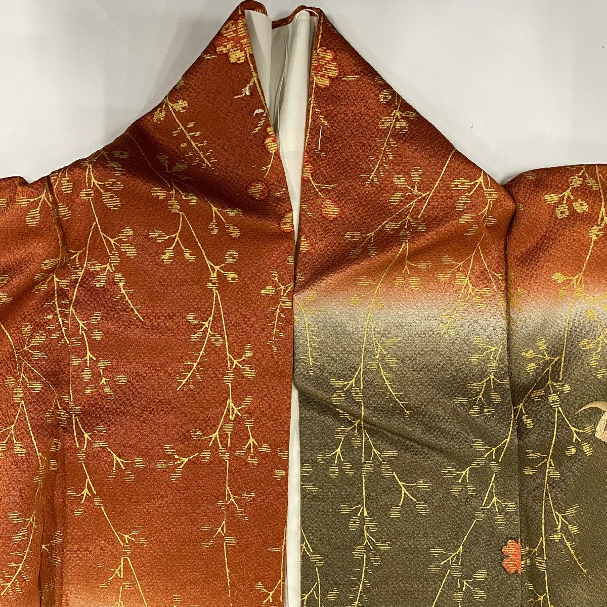 訪問服 身長161.5cm 袖長67cm M 雙層 扇子面 梅花 金銀彩 刺繡 茶綠 純蠶絲 秀品級