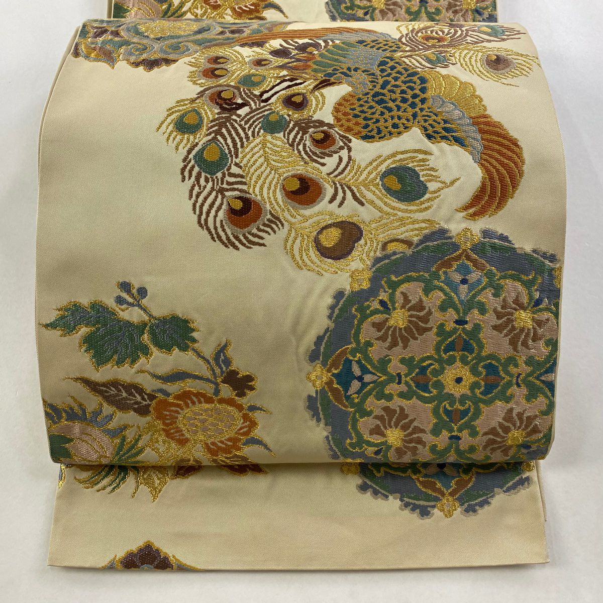 袋帶 逸品級 附有落款 仙福屋宗介 華紋 孔雀 金絲 淺黃 六通 純蠶絲