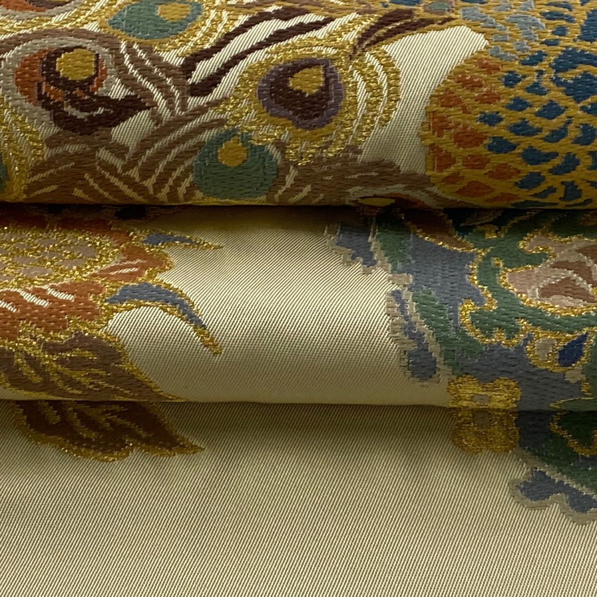 袋帶 逸品級 附有落款 仙福屋宗介 華紋 孔雀 金絲 淺黃 六通 純蠶絲
