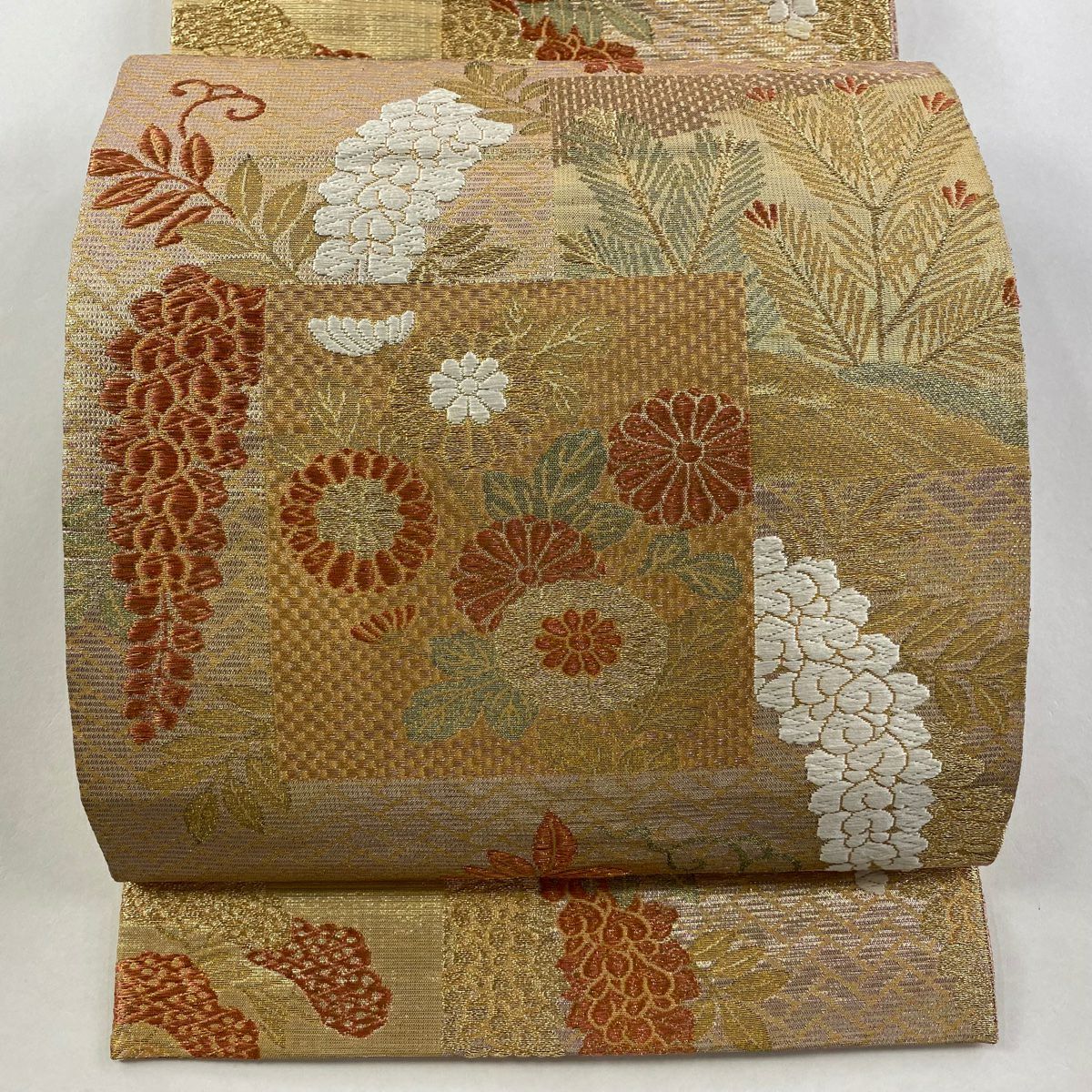 袋帶 逸品級 佐波理 落款 草花紋藤色紙文 若松樹 菊花 唐織 金絲 金色 大鼓圖案 純蠶絲