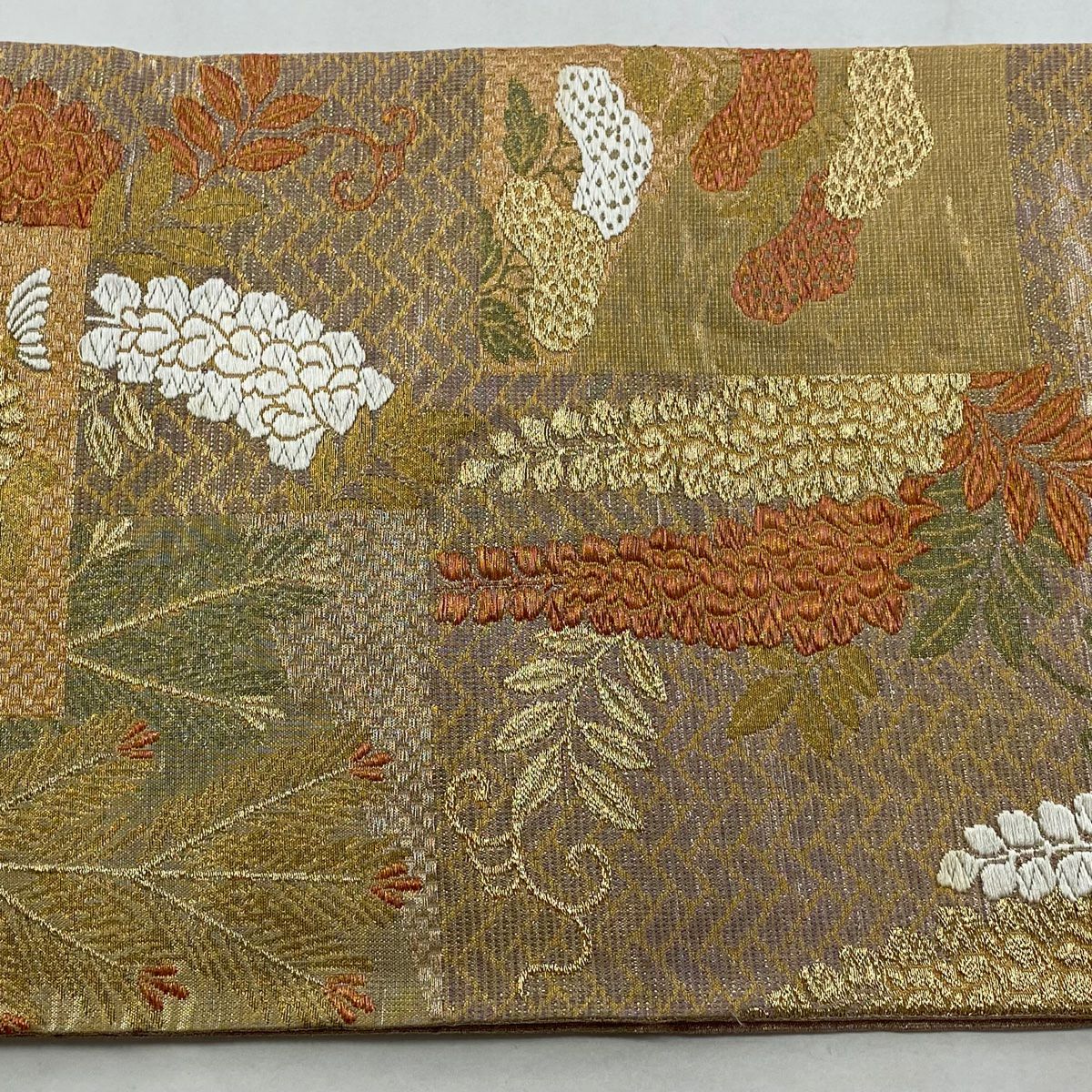 袋帶 逸品級 佐波理 落款 草花紋藤色紙文 若松樹 菊花 唐織 金絲 金色 大鼓圖案 純蠶絲