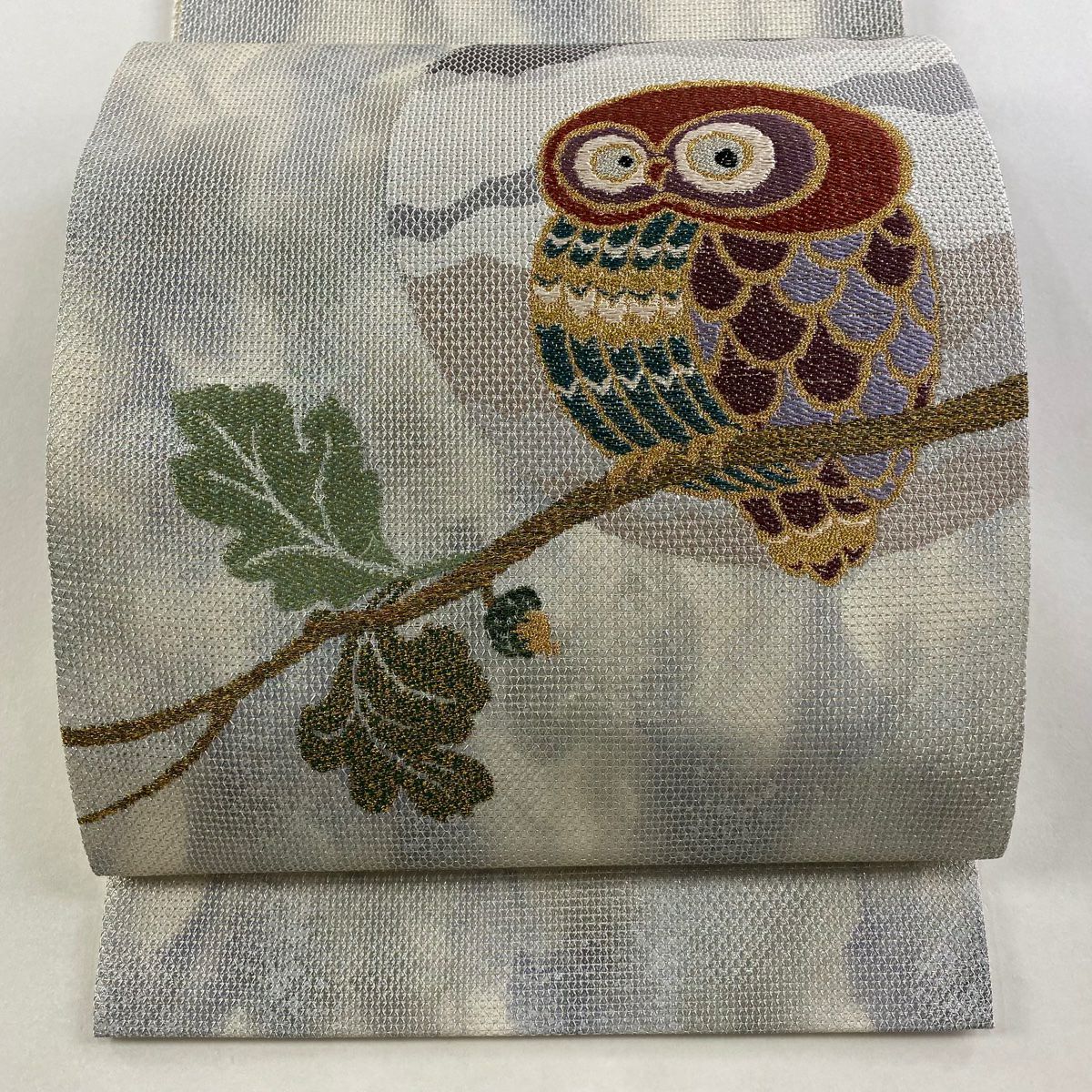 【美品】 袋帶 逸品級 貓頭鷹 枝葉 銀線 金金箔 銀 お太鼓圖案 純蠶絲